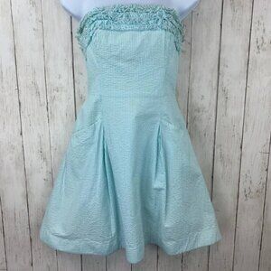 Lilly Pulitzer Blue Ferra Shorely Lucky Seersucker Ruffle Strapless Dress Size 0
